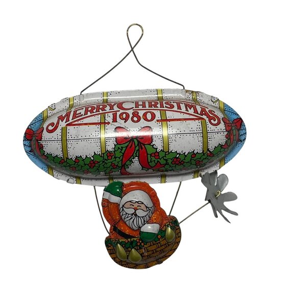Vintage 1980 Merry Christmas Metal Ornament With Santa & Propeller - Picture 1 of 4